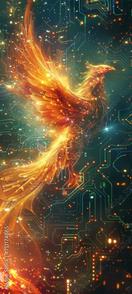 Poster a cyber phoenix rises emerging from a circuit board its form made of light against a dynamic colorfu