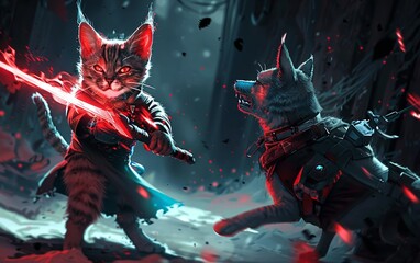 A cat wielding an energy sword on the left faces off against a dog with a photon blaster on the right intense combat stance - obrazy, fototapety, plakaty