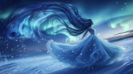 A carefree female with long, swirling galaxy hair, dancing under the Northern Lights, in a celestial ball gown, on a snowy arctic expanse. - obrazy, fototapety, plakaty