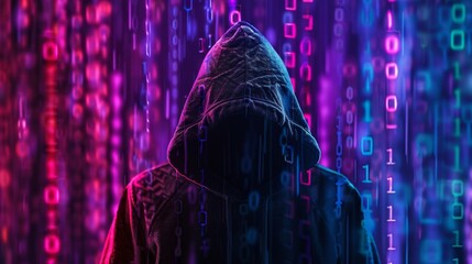 A digital icon of a hacker wearing a hoodie with binary code in the background displayed on a computer screen symbolizing cybersecurity threats