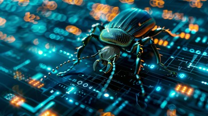 A digital rendering of a bug like a beetle or a spider crawling across a computer screen symbolizing a software bug in a playful yet direct manner - obrazy, fototapety, plakaty
