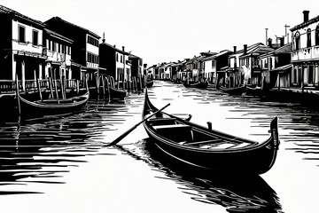 black and white line art gondola - obrazy, fototapety, plakaty