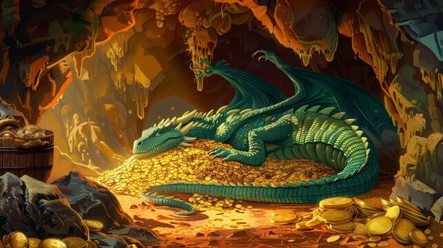 A dragons lair filled with treasures from different eras the dragon asleep on a pile of gold under a volcanic cave