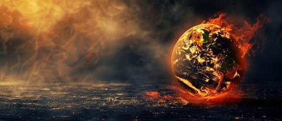A globe ablaze flames engulfing continents symbolizing global crisis or environmental disaster against a dark sky - obrazy, fototapety, plakaty