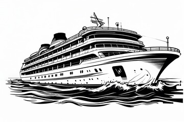 black and white line art ship