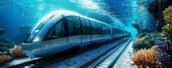 A hightech underwater train connecting continents with transparent tunnels showcasing the oceans mysteries - obrazy, fototapety, plakaty
