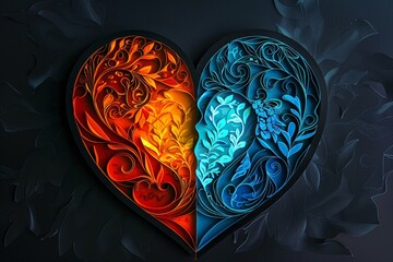 A heart papercut one half filled with fiery vibrant oranges and reds the other with cool soothing blues
