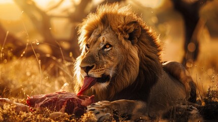 A majestic lion savoring a fresh steak in a sunlit savannah showcasing power and appetite