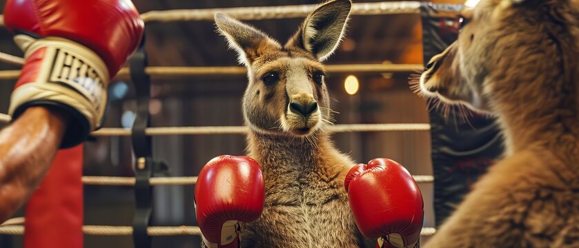 A kangaroo in a boxing ring wearing gloves looking bewildered at its own reflection in a mirror thinking its the opponent