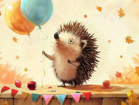 A hedgehog trying to inflate a balloon looking puzzled as it keeps deflating at a birthday party