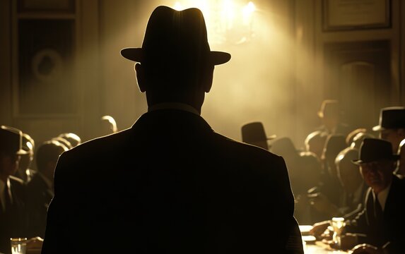 A mafia bosss silhouette iconic hat visible orchestrating a shadowy gathering in a clandestine room