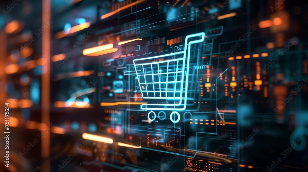 Poster a sleek digital shopping cart icon displayed on a computer screen filled with various products repre