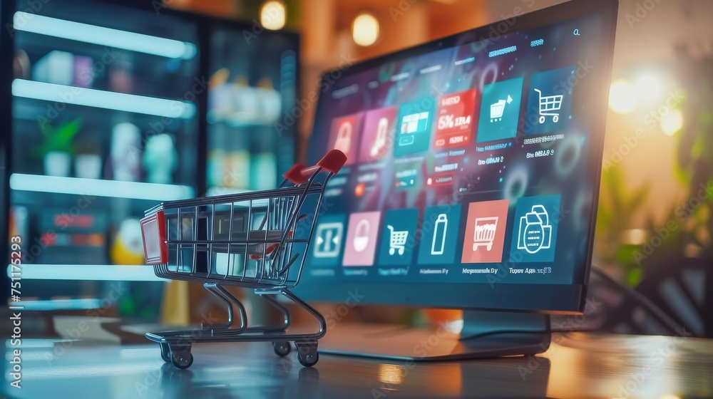 Poster a sleek digital shopping cart icon displayed on a computer screen filled with various products repre