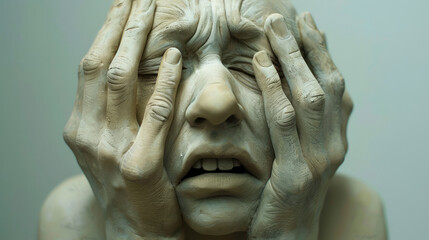 Hyper-Realistic Sculpture of an Elderly Person Expressing Despair With Hands on Face. A close-up view of a hyper-realistic sculpture captures the intricate details of an elderly persons. - Powered by Adobe