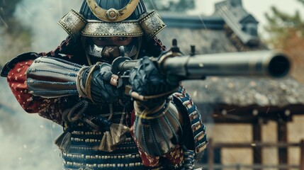 A samurai in traditional armor aiming a bazooka juxtaposing ancient honor with modern weaponry - obrazy, fototapety, plakaty