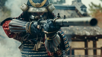 Foto op Aluminium A samurai in traditional armor aiming a bazooka juxtaposing ancient honor with modern weaponry © Shutter2U