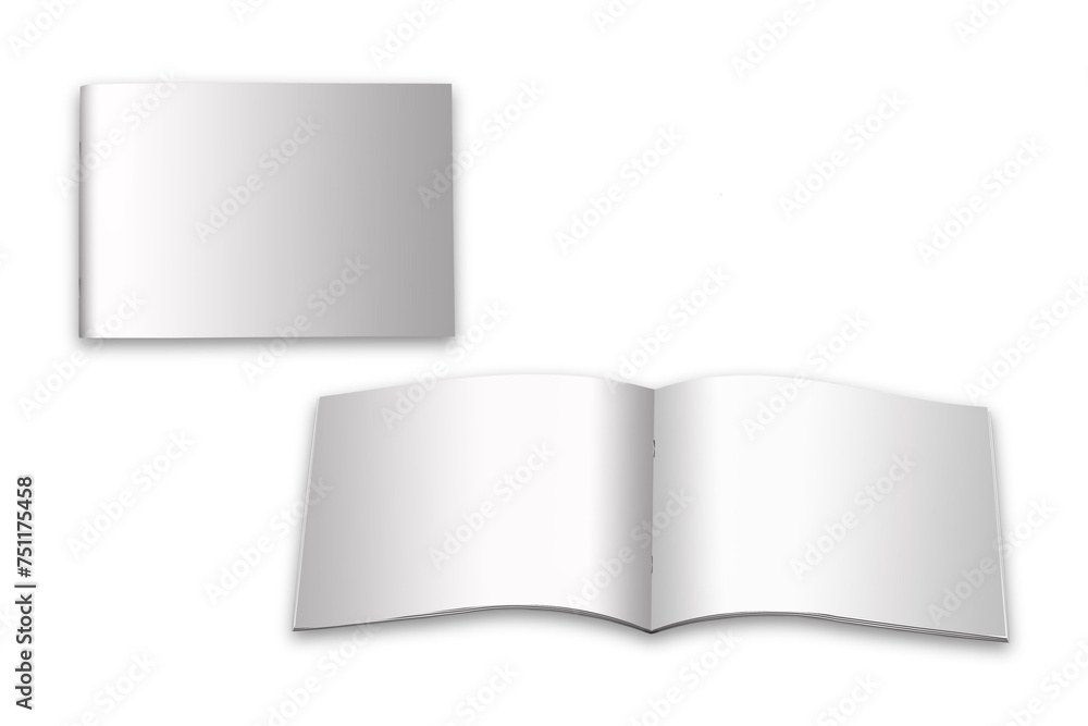 Poster empty blank glossy horizontal landscape magazine with staples open and closed. mockup isolated on a 