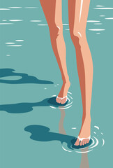 Vector illustration of  legs of slim woman walking shallow sea water on the summer beach. Relax, travel and summer vacation - 751175410