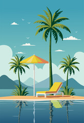 Summer holidays. Sunny umbrella with sun lounger on a sandy palm island. Vector illustration for covers, prints, posters - 751175411