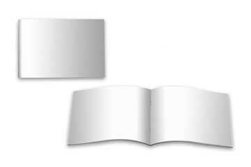 Empty blank glossy horizontal landscape magazine with staples open and closed. mockup isolated on a white background. 3d rendering. ready for cover and spread of the magazine design.