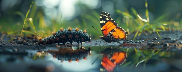 Embracing change  A caterpillar looking at its reflection in a puddle seeing a butterfly symbolizing selftransformation and growth - obrazy, fototapety, plakaty