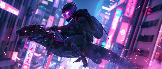 Female cyborg ninja and her dragon gliding through a neonlit night sky - obrazy, fototapety, plakaty