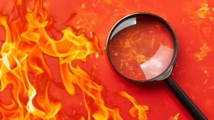 Fire surveillance inspection indicator and fire fighting with magnifying glass on red or orange background - obrazy, fototapety, plakaty
