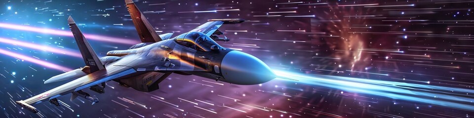 Fighter pilot in a neon jet executing a highspeed maneuver under stars