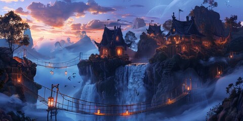 Floating islands above a roaring waterfall tiny houses with lanterns connected by rope bridges under a twilight sky - obrazy, fototapety, plakaty