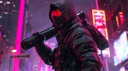 Future cop in tactical gear holding a bazooka over his shoulder in a neonlit city