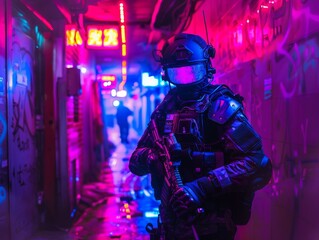 Naklejka premium Future SWAT officer with holographic shield breaching a neondrenched alleyway