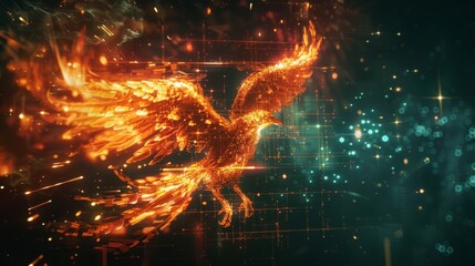 Fototapeta na wymiar Phoenix emerging from a screen digital pixels transforming into flames symbolizing rebirth in cyberspace