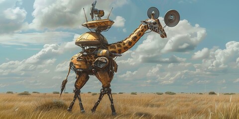 Robot giraffe with a telescopic neck and satellite dishes for communication overlooking a savanna