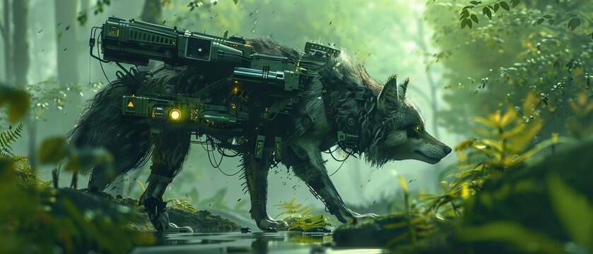 Mechanical wolf with night vision and a railgun on its back stalking through a digital forest