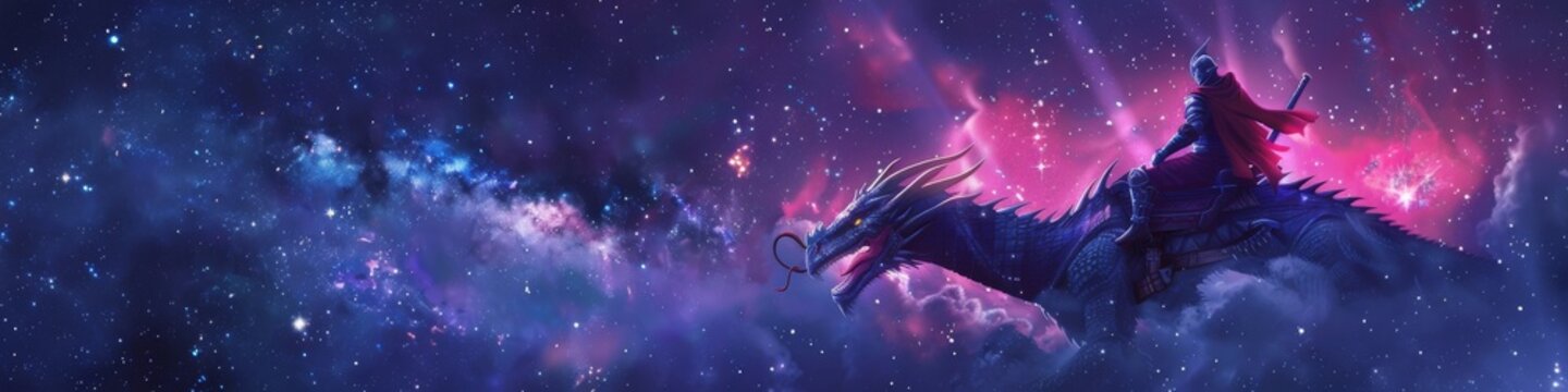 Ninja cyborg on dragon back navigating through the stars in the night sky