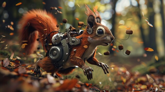Robotic squirrel with acorn grenades and agility boosters scampering through a forest obstacle course
