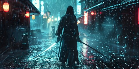 Through a misty rain a ninja with a saber sword faces off against unseen foes light reflecting off wet cobblestones