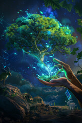 An evening scene, illustrated in a surrealistic style, where hands are planting a tree under a starlit sky. The tree morphs into a radiant, transparent digital hologram of a carbon credit certificate
