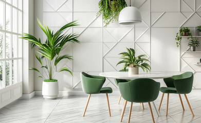 Fototapeta premium Modern Elegance: White Dining Room with Green Geometric Chairs