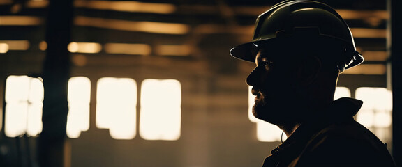 A silhouette of construction electrician working in a factory, worker with helmet, electrical worker in action