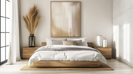Abstract lines in metallic hues forming an elegant accent in a minimalist bedroom