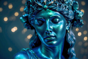 Close Up of a Greek Goddess Statue with Cinematic Blue Lighting and Blurred Bokeh Background