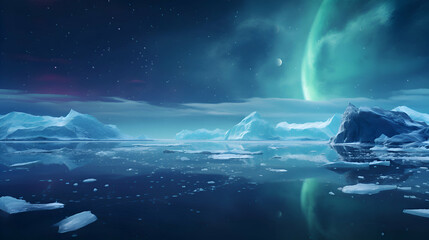 Icebergs and aurora borealis at night. 3d rendering