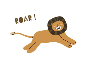Cute jungle wild animal roaring - lion in scandinavian style