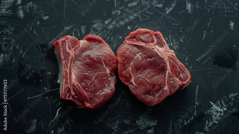 Sticker meat cut, ultra define and real, with focus on texture, product visual view, flat lay view, dark and moody