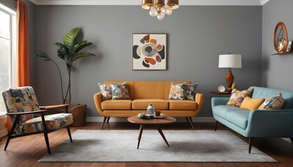 retro style in a beautiful living room interior centered around a grey empty wall