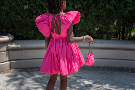 Girl in pink dress and purse