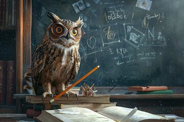 Owly Reading Time A Cute Owl Sitting on a Book with Glasses Generative AI