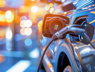 Close-up of electric car charging port, eco friendly and alternative energy and transportation concept 