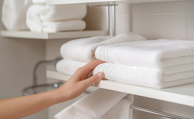 Woman's hand grabbing a white towel from a rack